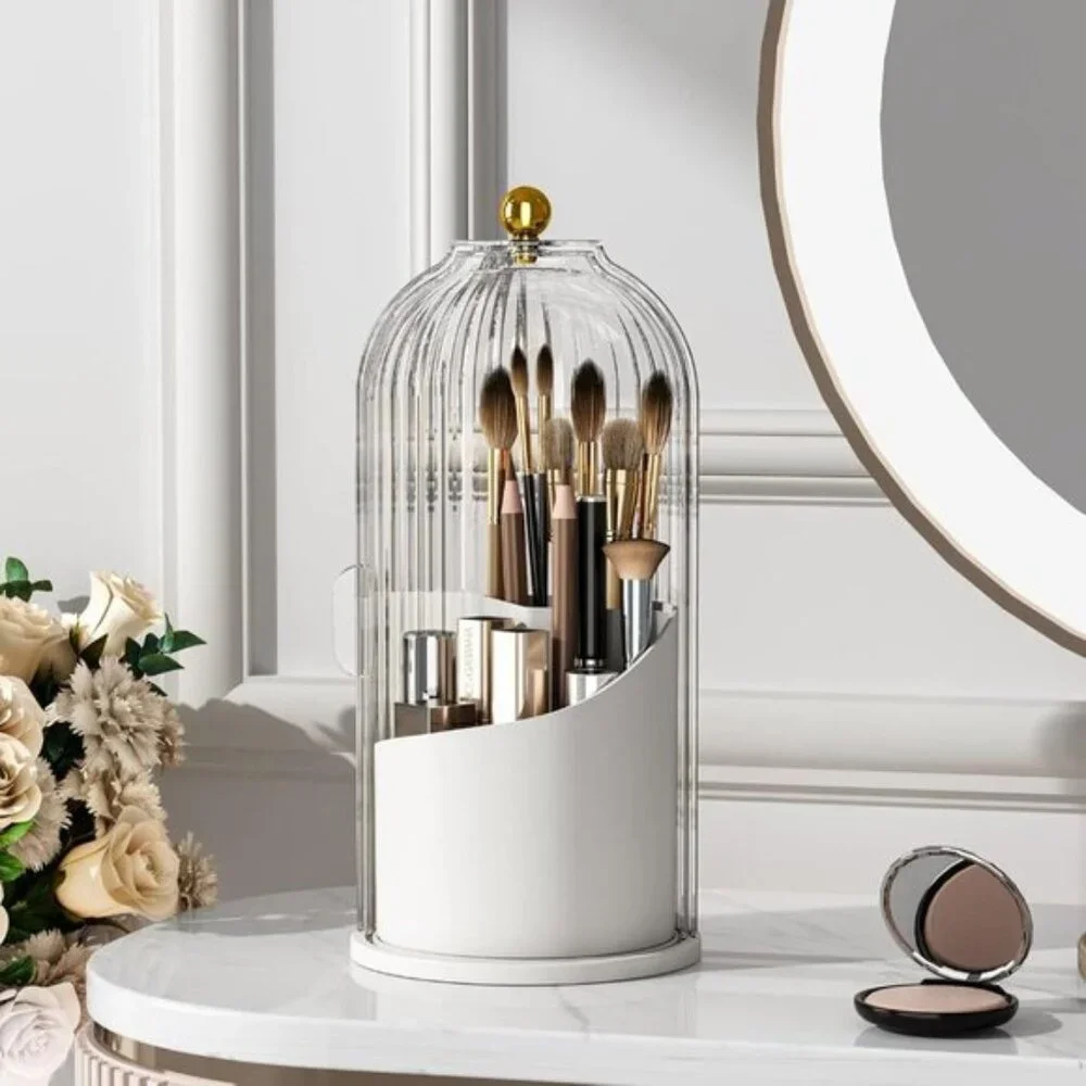 New 360° Rotating Clear Makeup Brush Holder with Lid for Vanity & Room